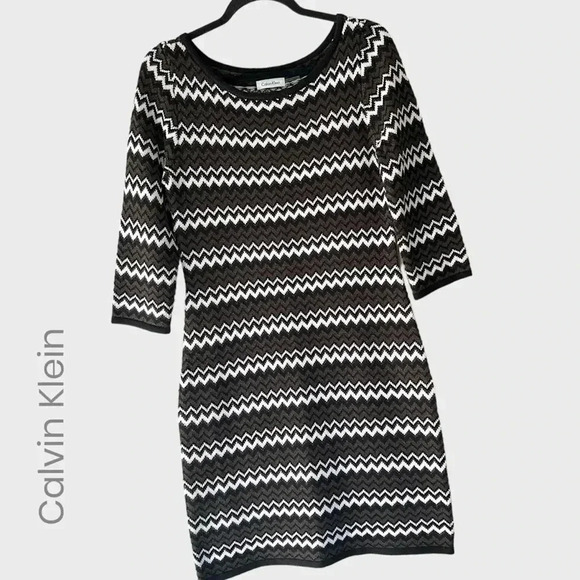 CALVIN KLEIN NWOT SWEATER DRESS HERRINGBONE BLACK BROWN WHITE | MEDIUM - Picture 1 of 7